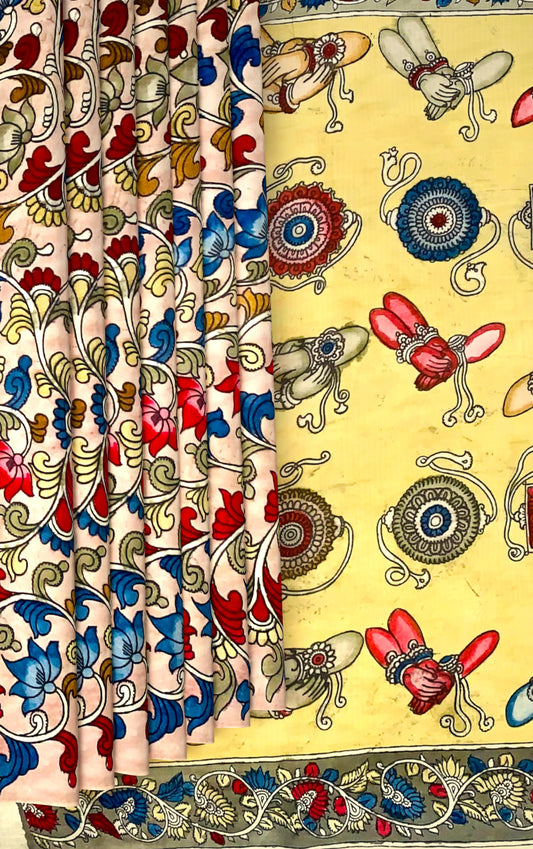 Yellow Kalamkari Saree with Single Side Design