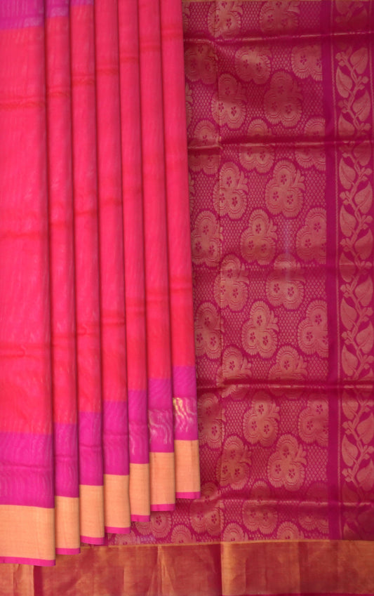 Orange Pink Uppada Sarees with Rani Pink Border and Gold-Silver Buttas