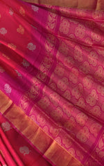 Orange Pink Uppada Sarees with Rani Pink Border and Gold-Silver Buttas