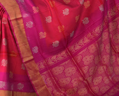 Orange Pink Uppada Sarees with Rani Pink Border and Gold-Silver Buttas