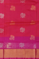 Orange Pink Uppada Sarees with Rani Pink Border and Gold-Silver Buttas