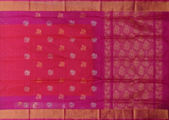 Orange Pink Uppada Sarees with Rani Pink Border and Gold-Silver Buttas