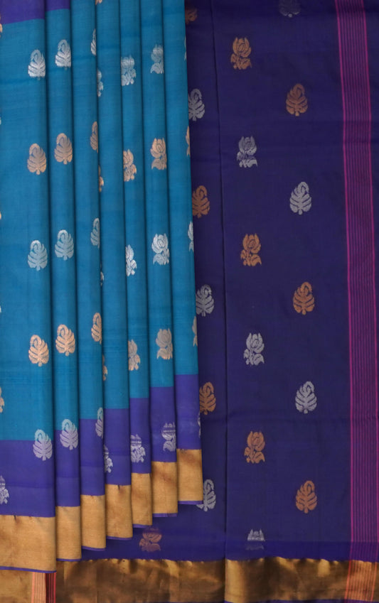 Ramar Blue Uppada Sarees with Royal Blue Border and Gold-Silver Buttas