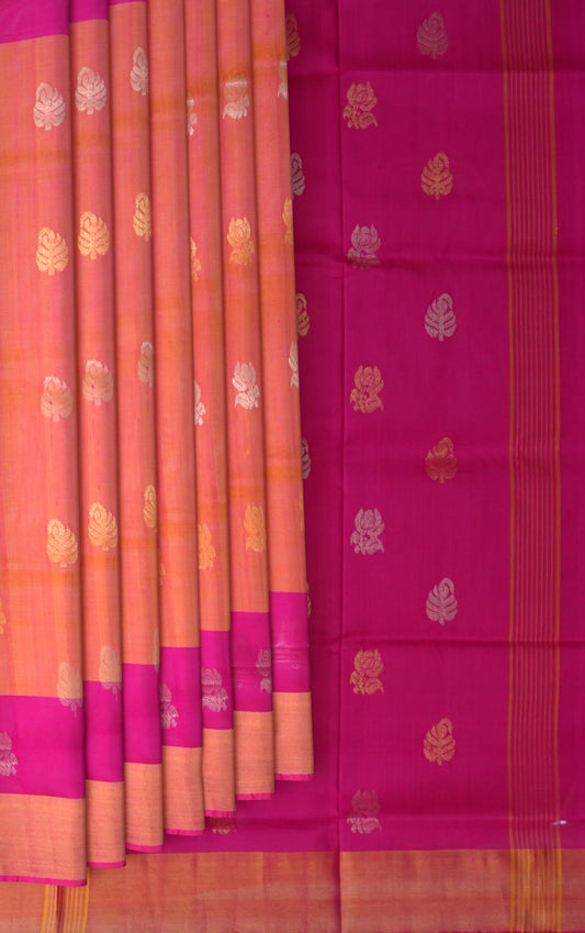 Orange Pink Uppada Sarees with Pink Border and Gold-Silver Buttas