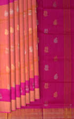 Orange Pink Uppada Sarees with Pink Border and Gold-Silver Buttas