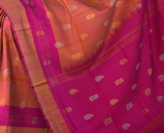 Orange Pink Uppada Sarees with Pink Border and Gold-Silver Buttas