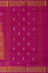 Orange Pink Uppada Sarees with Pink Border and Gold-Silver Buttas
