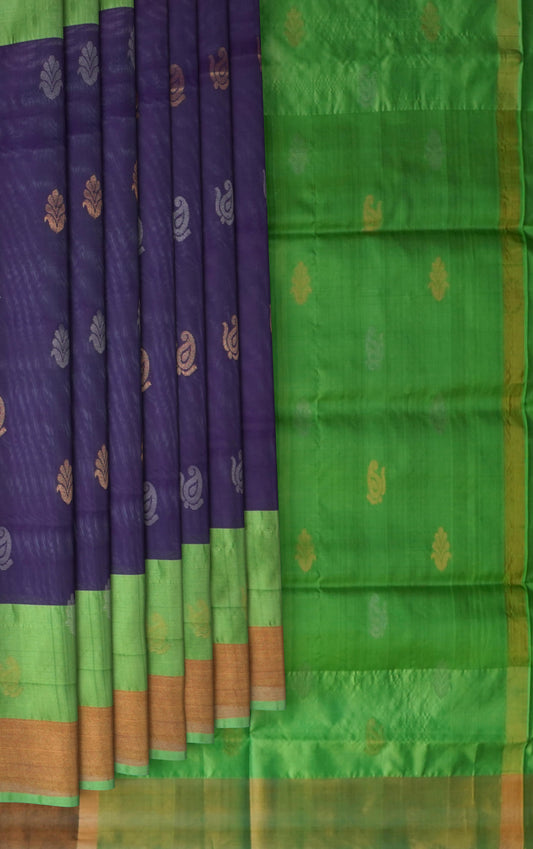 Purple Uppada Sarees with Green Border and Gold-Silver Buttas