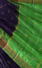 Purple Uppada Sarees with Green Border and Gold-Silver Buttas