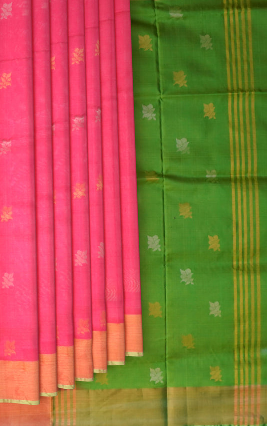 Pink Uppada Sarees with Green Border and Gold Jari Buttas