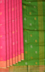 Pink Uppada Sarees with Green Border and Gold Jari Buttas
