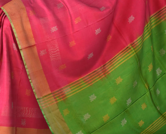 Pink Uppada Sarees with Green Border and Gold Jari Buttas