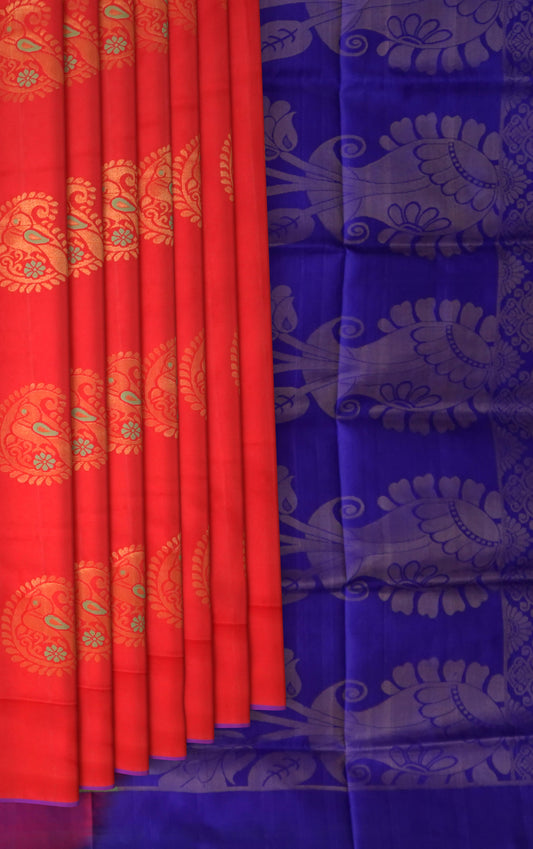 Red Uppada Sarees with Blue Pallu and Gold-Blue Buttas