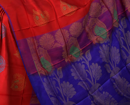 Red Uppada Sarees with Blue Pallu and Gold-Blue Buttas