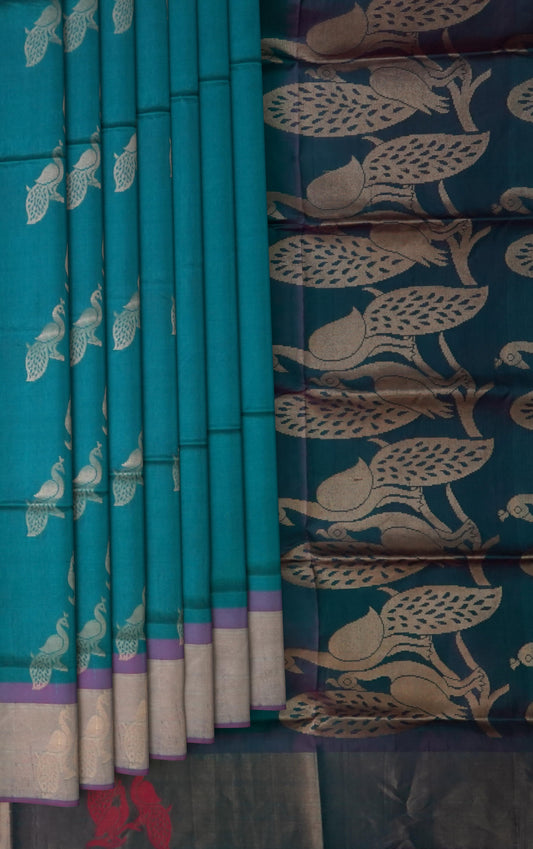 Ramar Blue Uppada Sarees with Gold Jari and Peacock Buttas