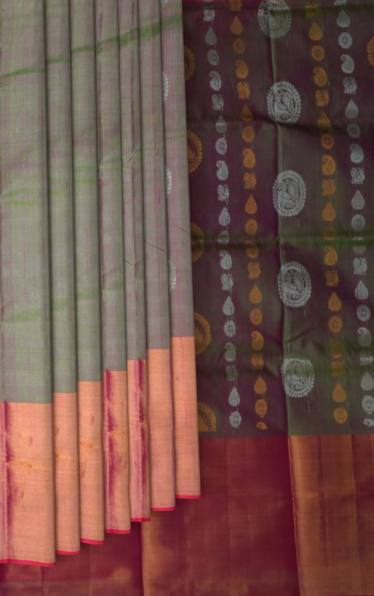 Green Uppada Sarees with Pink Pallu and Gold-Blue Buttas
