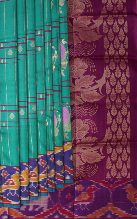 Green Uppada Sarees with Purple Ikat and Flower Motif
