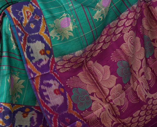 Green Uppada Sarees with Purple Ikat and Flower Motif