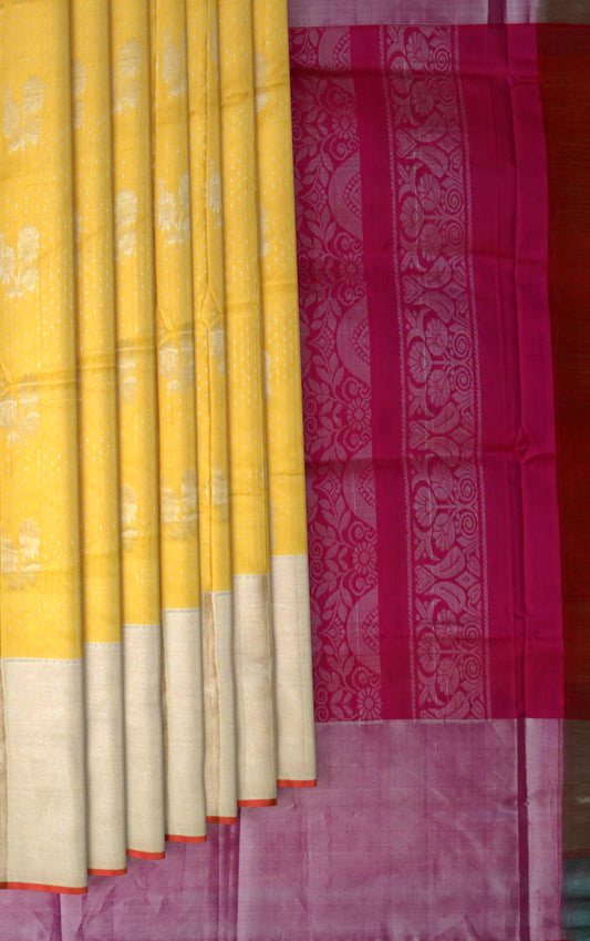 Yellow Uppada Sarees with Silver Buttas and Silver Border