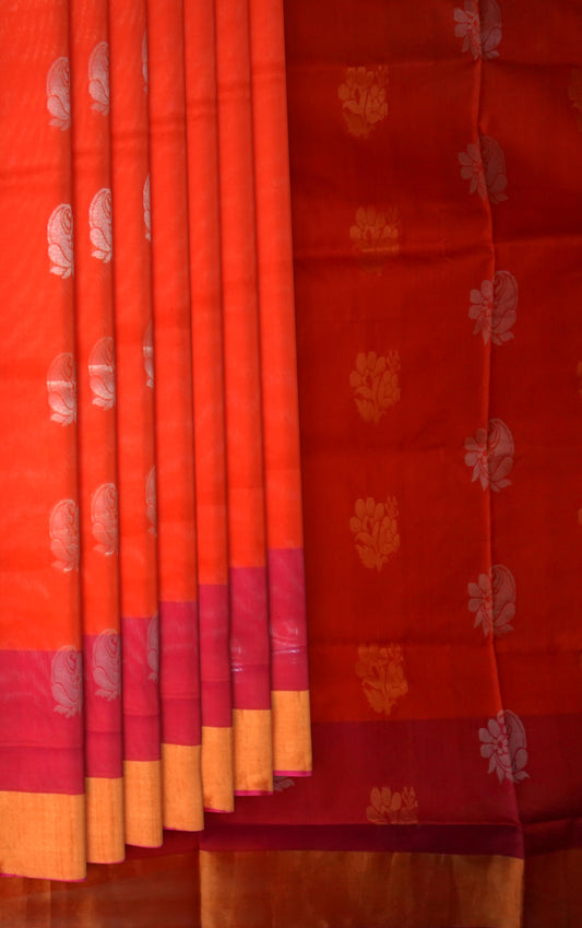 Orange Uppada Sarees with Pink and Gold Border and Gold-Silver Buttas