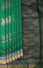 Green Uppada Sarees with Silver and Gold Jari Border and Gold-Silver Buttas