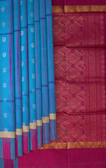 Ramar Blue Uppada Sarees with Pink and Blue Border and Silver Buttas