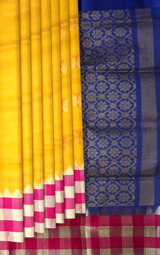 Yellow Uppada Sarees with Pink and Silver Border and Silver Buttas