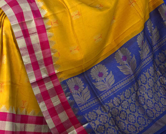 Yellow Uppada Sarees with Pink and Silver Border and Silver Buttas