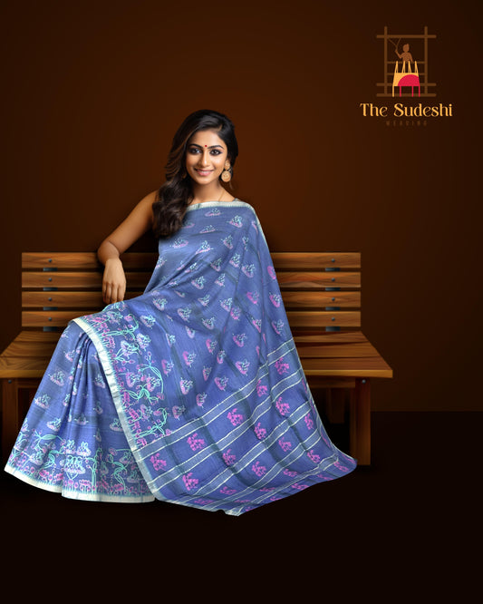 Blue Silver Mangalagiri Saree with Motifs