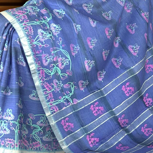 Blue Silver Mangalagiri Saree with Motifs