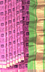 Pink Gold Green Mangalagiri Saree with Block Prints