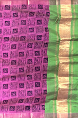 Pink Gold Green Mangalagiri Saree with Block Prints