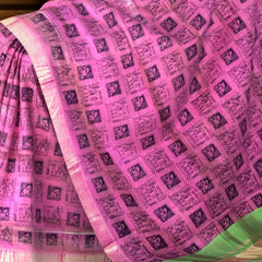 Pink Gold Green Mangalagiri Saree with Block Prints
