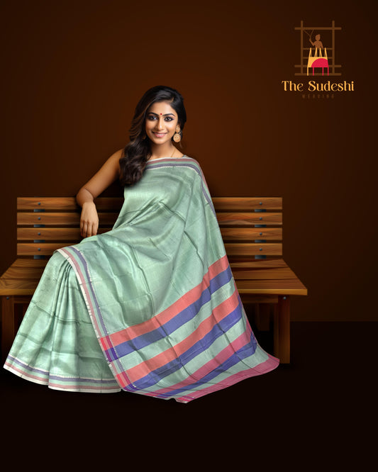 Red Blue Green Multi Colour Mangalagiri Saree with Strips