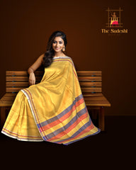 Yellow Grey Red Mangalagiri Saree with Strips