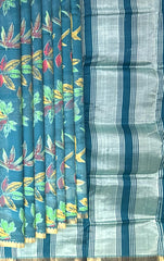 Blue Gold Seablue Mangalagiri Saree with Hand Painting