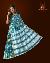 Blue Gold Seablue Mangalagiri Saree with Hand Painting