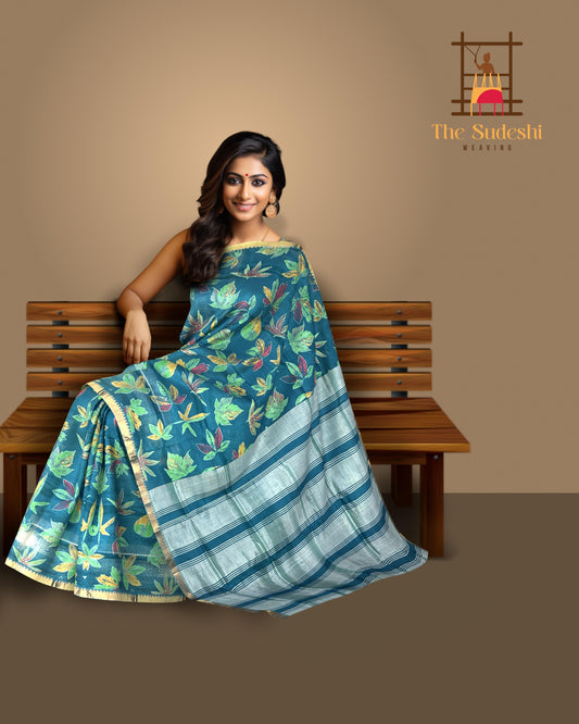 Blue Gold Seablue Mangalagiri Saree with Hand Painting