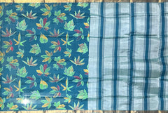 Blue Gold Seablue Mangalagiri Saree with Hand Painting