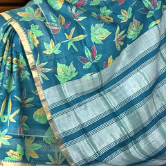 Blue Gold Seablue Mangalagiri Saree with Hand Painting