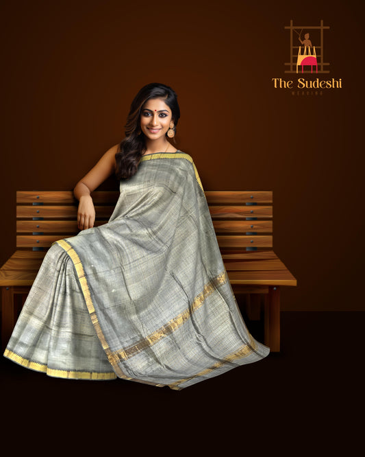 Grey Gold Mangalagiri Saree with Plain Design