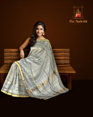Grey Gold Mangalagiri Saree with Plain Design