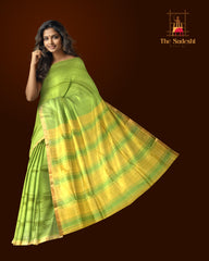 Green Yellow Gold Mangalagiri Saree with Plain Design