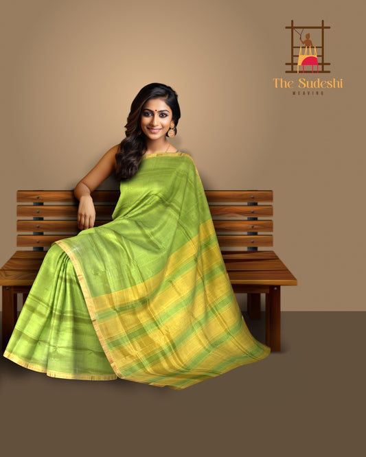 Green Yellow Gold Mangalagiri Saree with Plain Design