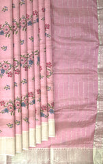 Pink Silver Mangalagiri Saree with Flower Motif