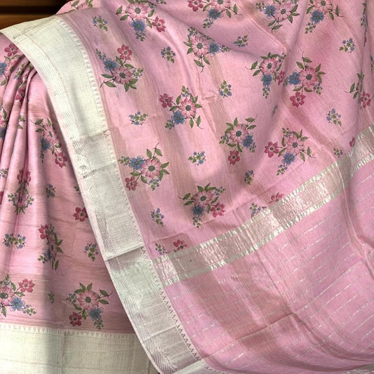 Pink Silver Mangalagiri Saree with Flower Motif