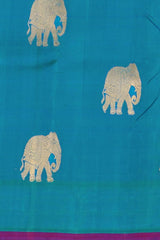 Bluish Green Borderless Kanchipuram Pure Zari Silk Saree with Elephant motifs, and Self-colored Pallu and Blouse