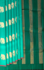 Ramar Green Borderless KPM Pure Zari Saree with Elephant Motifs