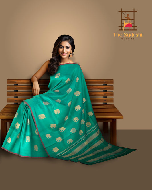 Ramar Green Borderless KPM Pure Zari Saree with Elephant Motifs