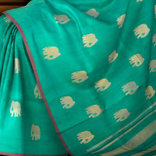 Ramar Green Borderless KPM Pure Zari Saree with Elephant Motifs